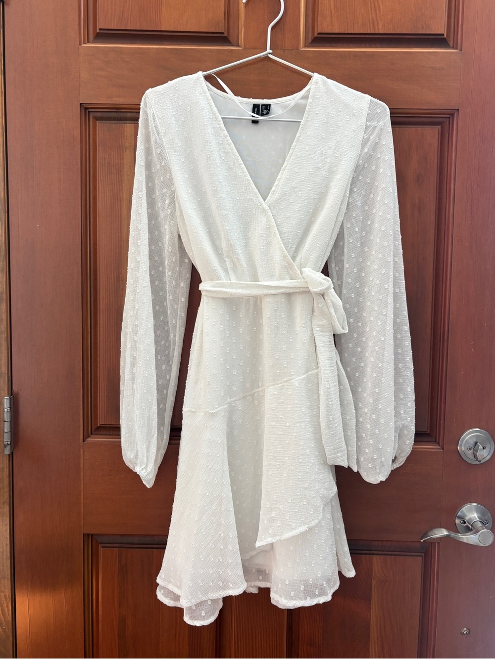 White long sleeve Vero Moda swiss dot wrap mini dress in size S